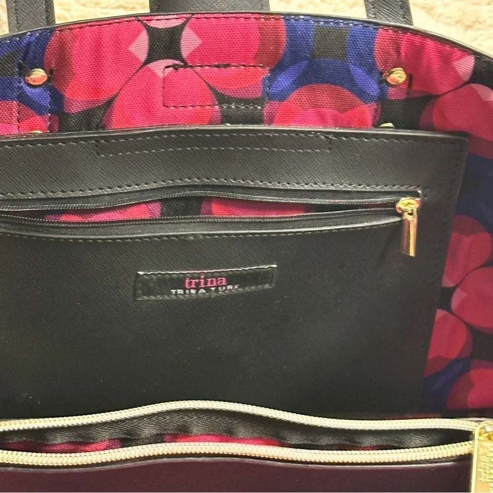 Trina Turk Black Vegan Shoulder Bag with Pink Interior